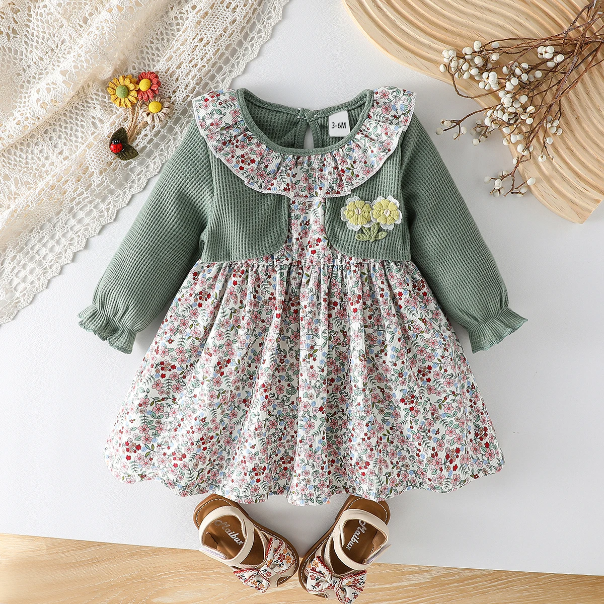Baby New Girls' Dre ss Fashion Cute Doll Neck Flower Print Dress Children's Girls Long Sleeve Princess Dress For All Seasons