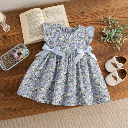 Girl Kid's Dress Summer Bow And All-over Printed Floral Pattern Round Neck Casual Baby Dresses Cute Gentle Baby Girl Dress