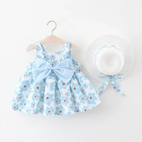 Summer New Floral Sling Baby Girl Dress, Bow Children'S Sleeveless Clothes With Hats As A Gift (9 Months -3 Years Old)