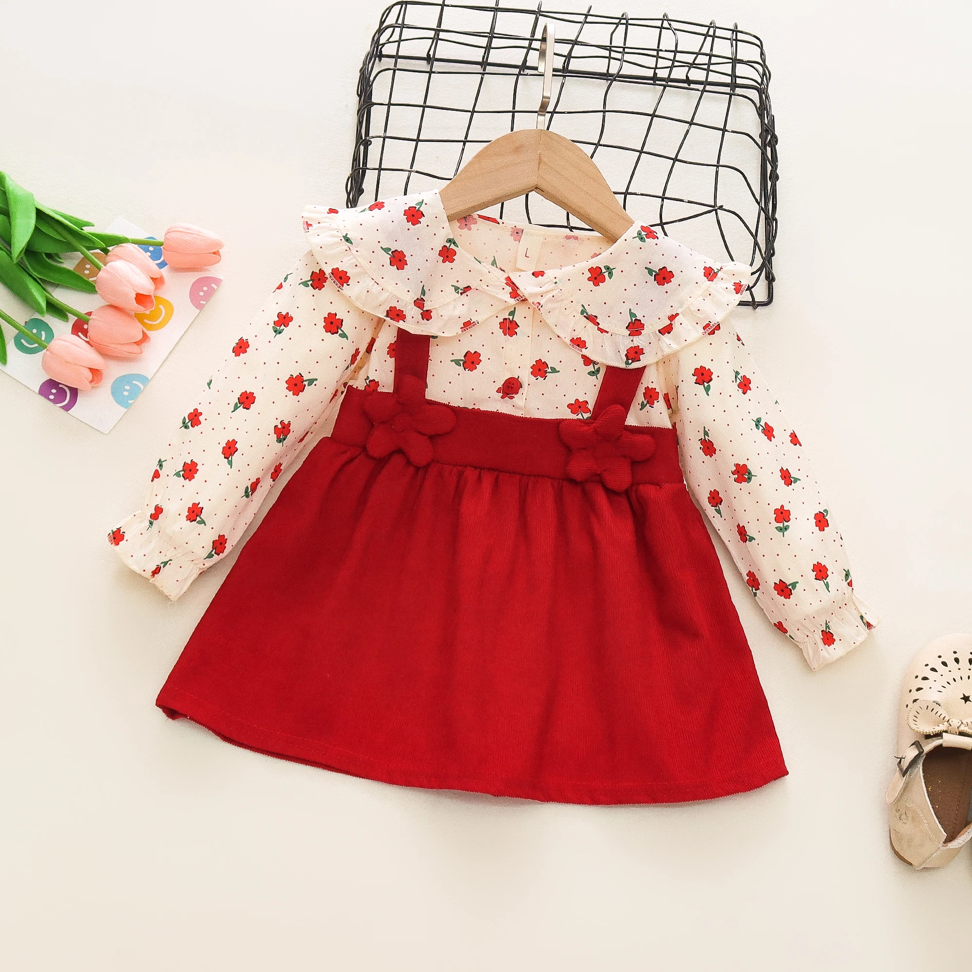 Autumn New Newborn Girls Long Sleeve Dress Cartoon Fragmented Flower Lapel Baby Princess Dress Flower Strap Dress - Image 4