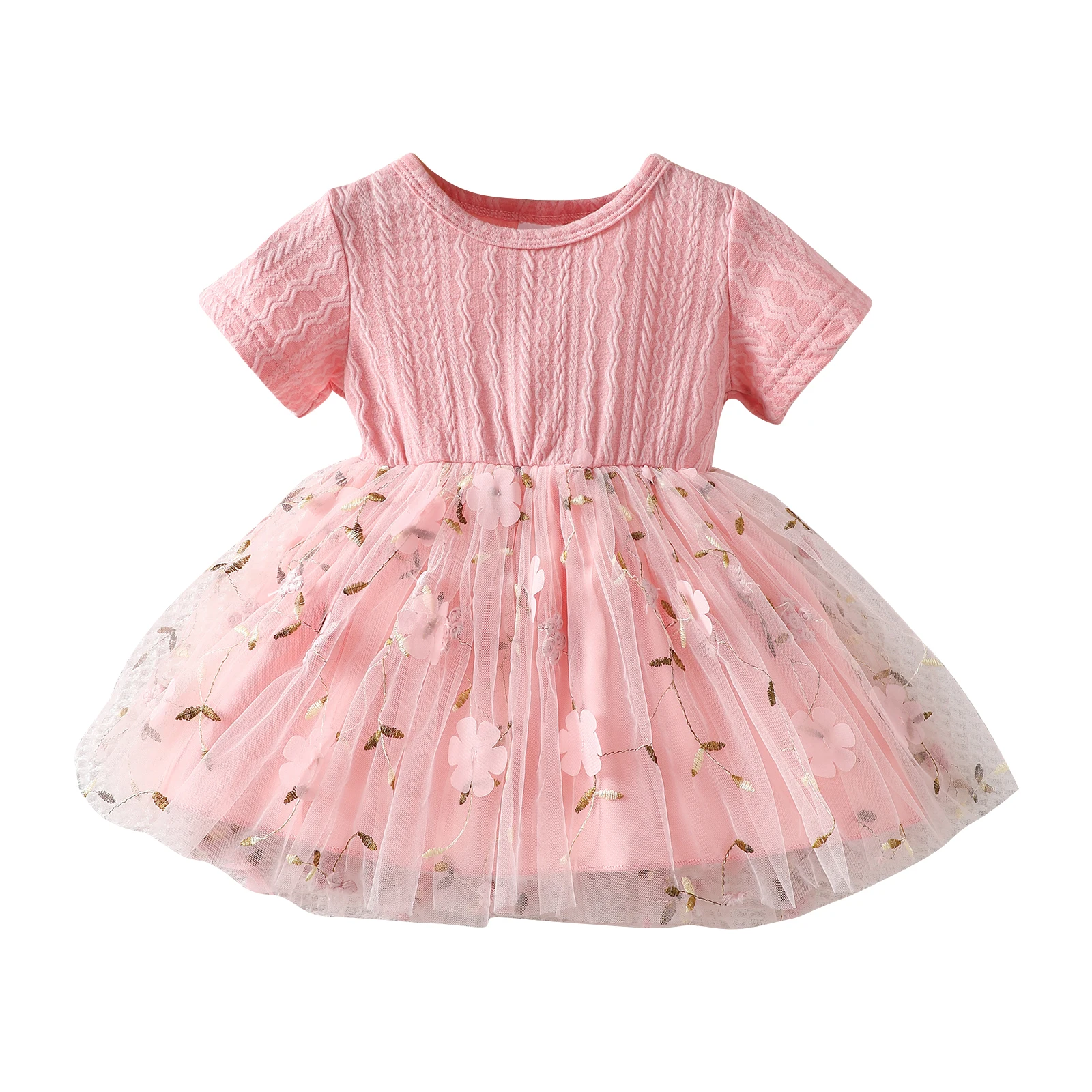 Baby Girls Floral Embroidery Dress Short Sleeve Round Neck Tulle Patchwork A Line Dress - Image 2