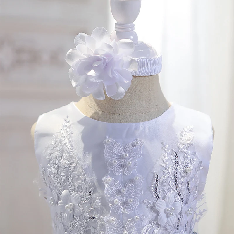 Baby Girls Long Sleeve Dresses for Party Wedding Lace Pearl Flower Dresses Infant Girl 1st Birthday Princess White Baptism Dress - Image 2