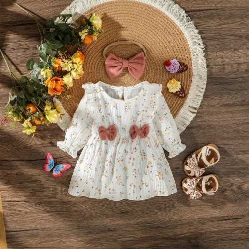 2PCS Baby Girls Long Sleeve Printing Floral With Bow Baby Dresses For Newborn Casual Daily Wear Cotton Soft Clothes +headband