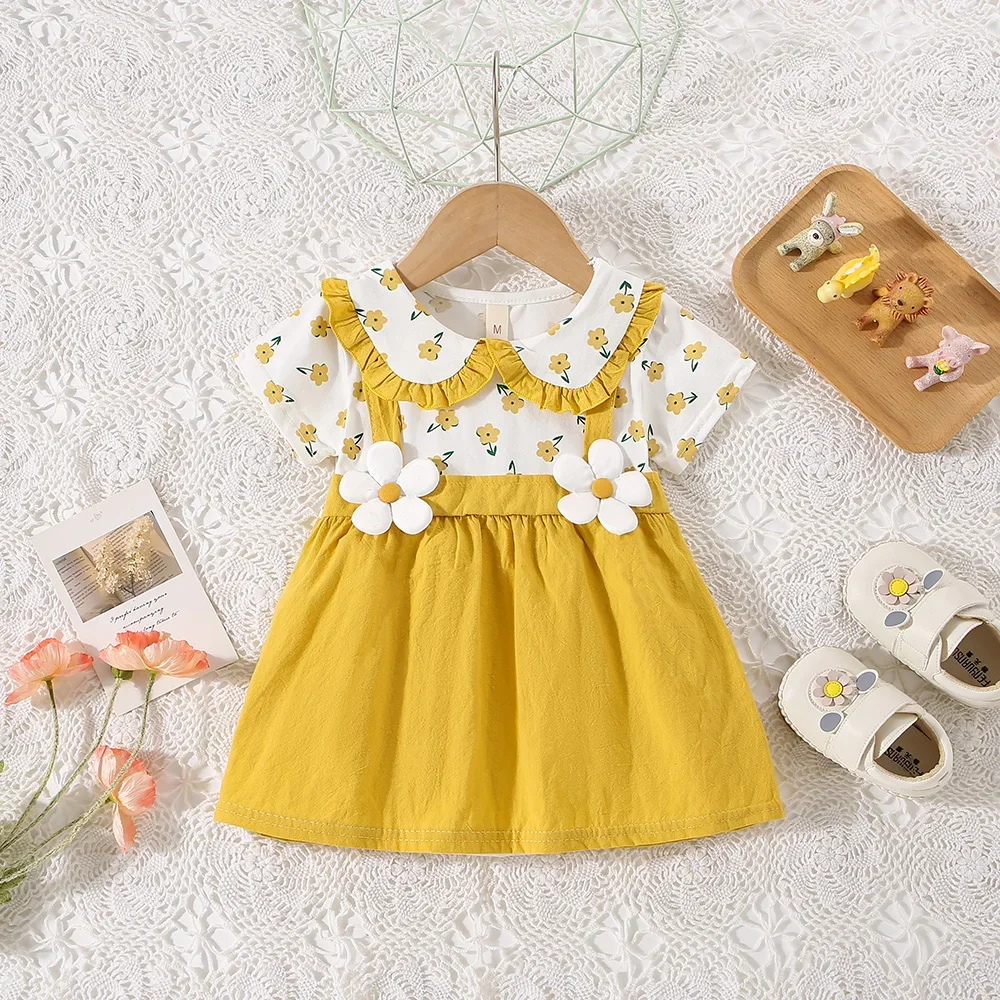 (0-3 Years Old) Summer Baby Girl Cotton Flower Fake Two-Piece Shoulder Strap Dress Girl Cute Short Sleeved Dress - Image 2