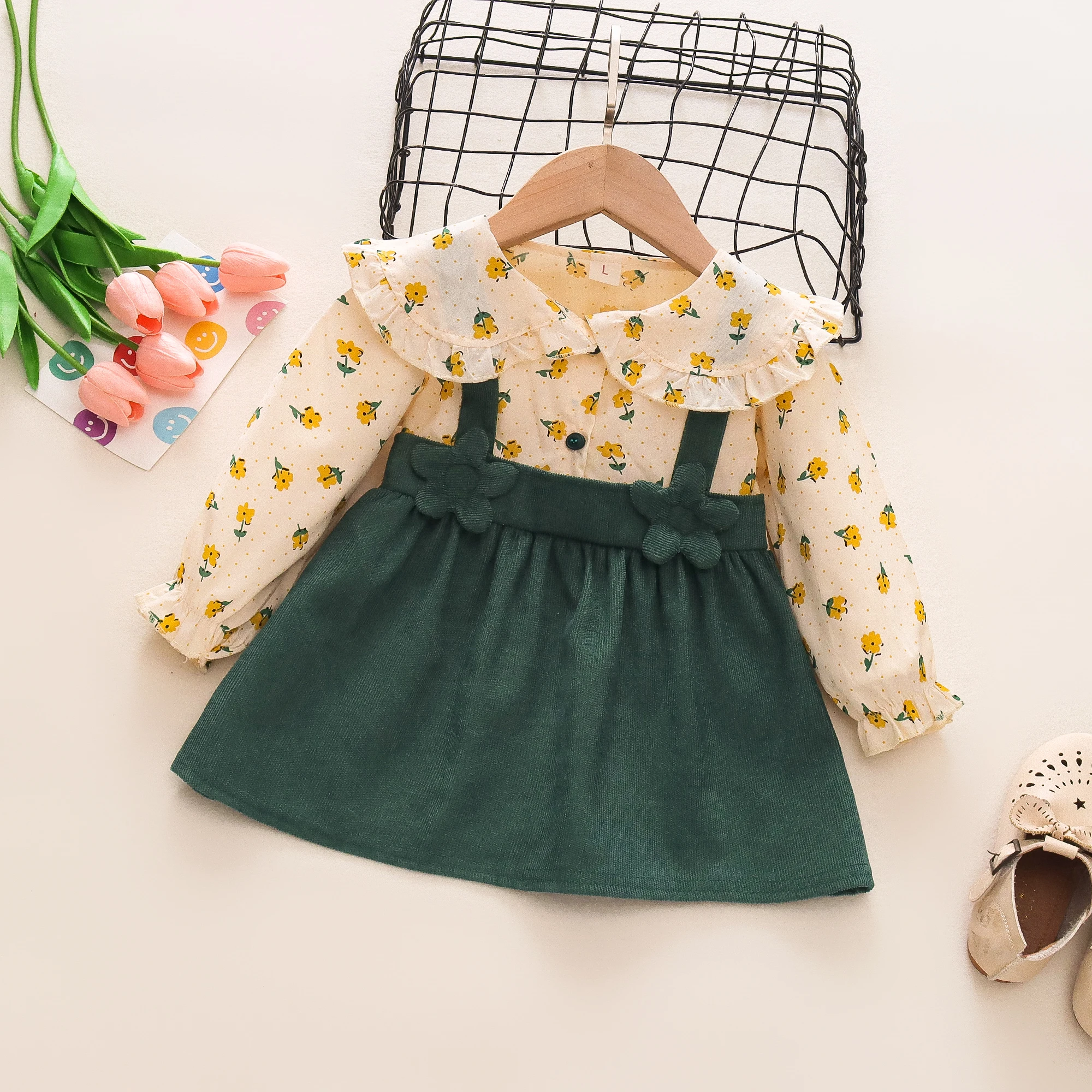 Autumn New Newborn Girls Long Sleeve Dress Cartoon Fragmented Flower Lapel Baby Princess Dress Flower Strap Dress - Image 3