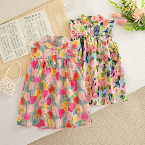 Baby Girl Dress, Summer New Sweet Flower Ruffled Sleeve Children'S Sleeveless Clothes Suitable For 0-3 Years Old