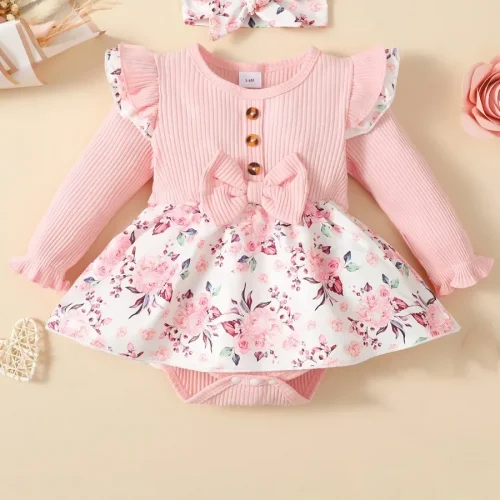 2PCS Baby Girl Princess Romper Dress Long Sleeved Lovely Ribbed Floral Jumpsuit with Headband for Newborn Baby Girl 0-18 Months