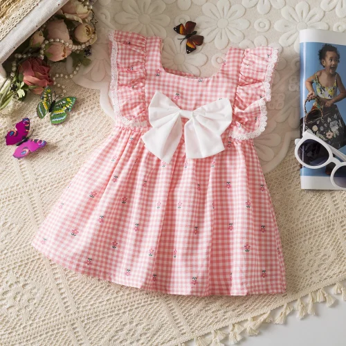Baby Girl Pink Dresss Sweet Floral Bow Lace Fly Sleeve Checker Dress Korean Style Summer Casual Dresses for Girls