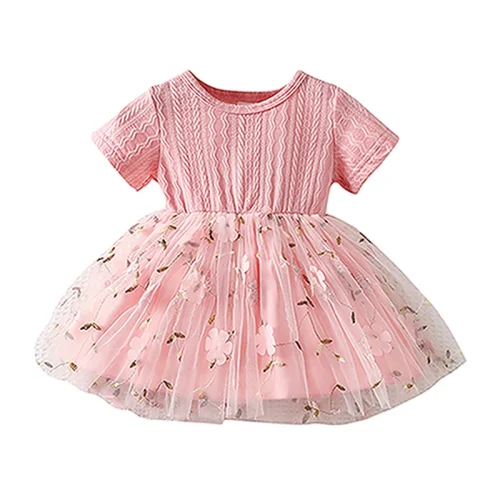 Baby Girls Floral Embroidery Dress Short Sleeve Round Neck Tulle Patchwork A Line Dress