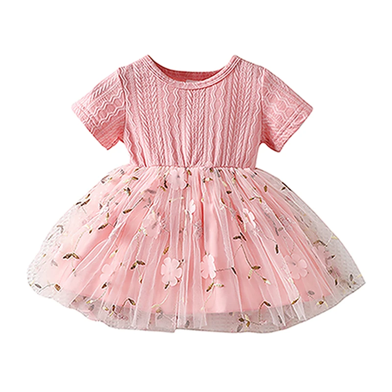 Baby Girls Floral Embroidery Dress Short Sleeve Round Neck Tulle Patchwork A Line Dress