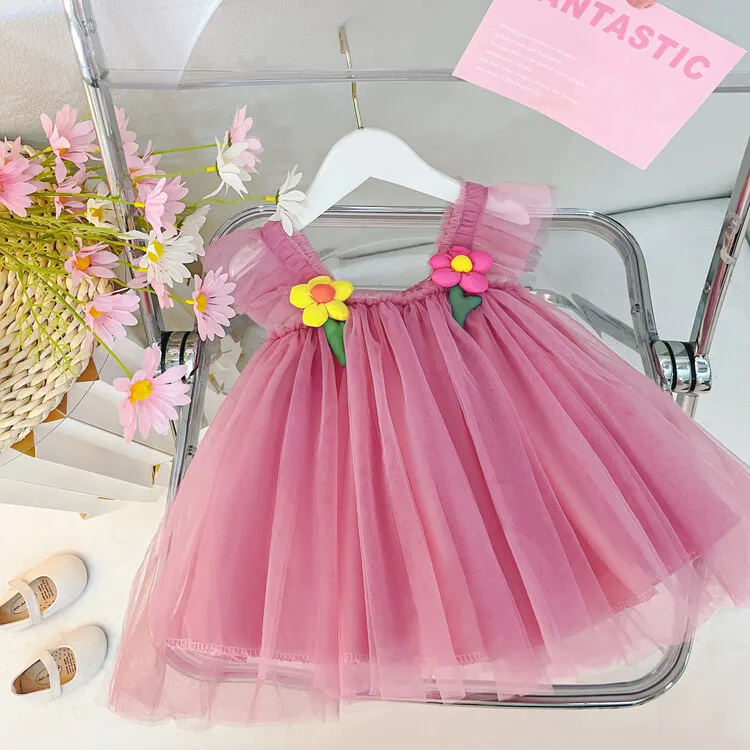 Baby Dresses Summer Floral Pattern Solid Color Halter Puffy Girl Kid's Dress Cute Casual Baby Girl Dress Kid's Princess Dresses - Image 2