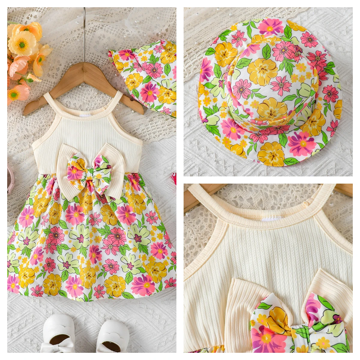 Baby girl Dress Bow Small Floral Sleeveless Dress+Hat 2-piece Set for 0-3 Years old Cute Baby Girl Summer Casual Dress