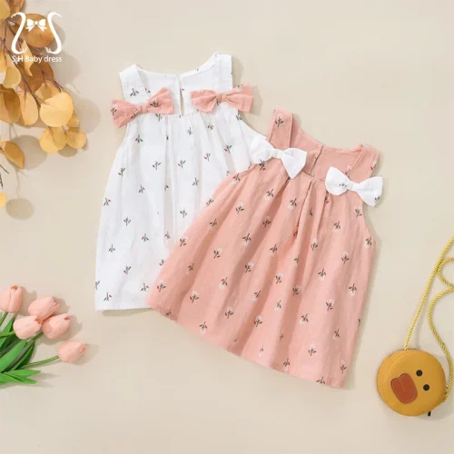 Summer Simple Solid Color Flower Baby Girl Dress Sleeveless Bowknot Children's Clothes Thin Breathable 0 To 3 Years Old Toddler