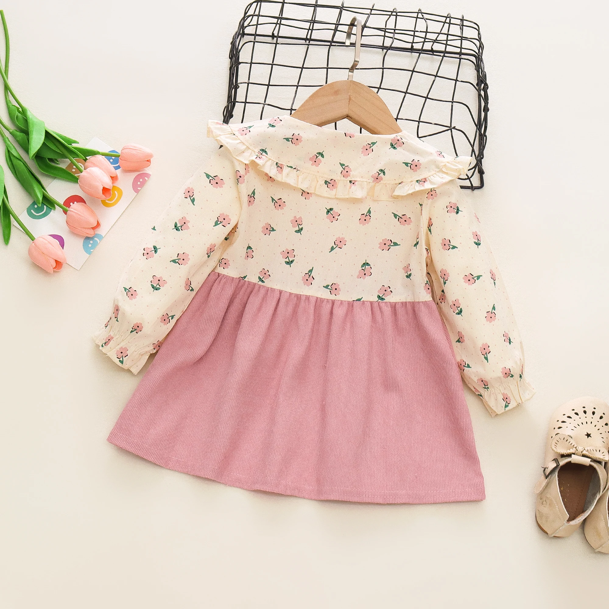 Autumn New Newborn Girls Long Sleeve Dress Cartoon Fragmented Flower Lapel Baby Princess Dress Flower Strap Dress - Image 2