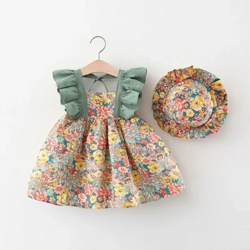 2 Pcs Baby Girl Summer New Dress Sweet Fragmented Flower Flying Sleeves Princess Dress Comes with Hat Suitable for Aged 80-110