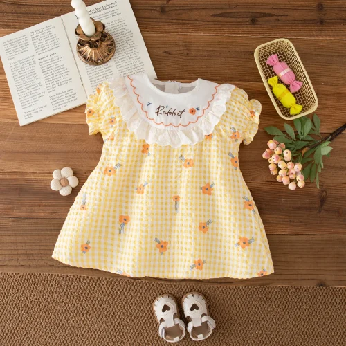Baby Girl Dress Summer Floral And Plaid Pattern Doll Neck Bubble Sleeve Girl Kid's Dress Cute Casual Baby Clothes Girl