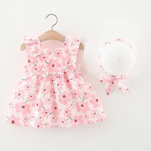 2Piece Sets Summer Girls Dresses Korean Fashion Pink Cute Sleeveless Baby Princess Flowers Dress+Sunhat Newborn Clothes BC185