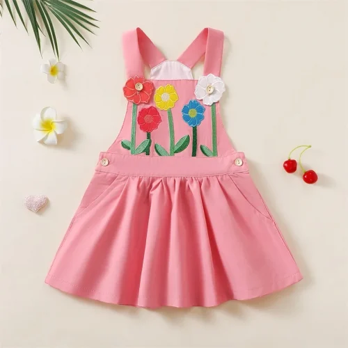 Adorable Infant Girl Floral Embroidered Overall Dress Square Neck A-line Princess Dress with Pockets Stylish Summer Outfit
