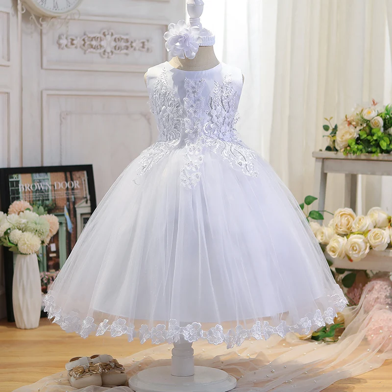 Baby Girls Long Sleeve Dresses for Party Wedding Lace Pearl Flower Dresses Infant Girl 1st Birthday Princess White Baptism Dress