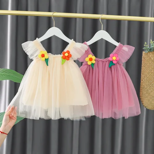 Baby Dresses Summer Floral Pattern Solid Color Halter Puffy Girl Kid's Dress Cute Casual Baby Girl Dress Kid's Princess Dresses